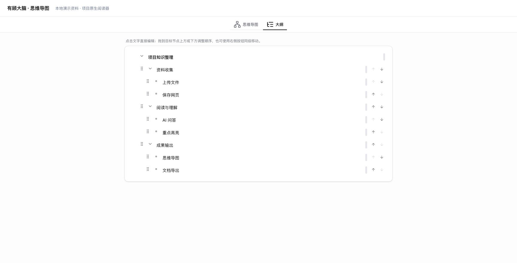 脑图大纲显示可编辑节点文字、拖动手柄和同级上下移动按钮